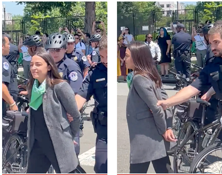 美國眾議院議員Alexandria Ocasio-Cortez（ AOC ）在支持墮胎權活動中被捕，被網友發現「戴上隱形手銬」。 圖：擷取自環球網