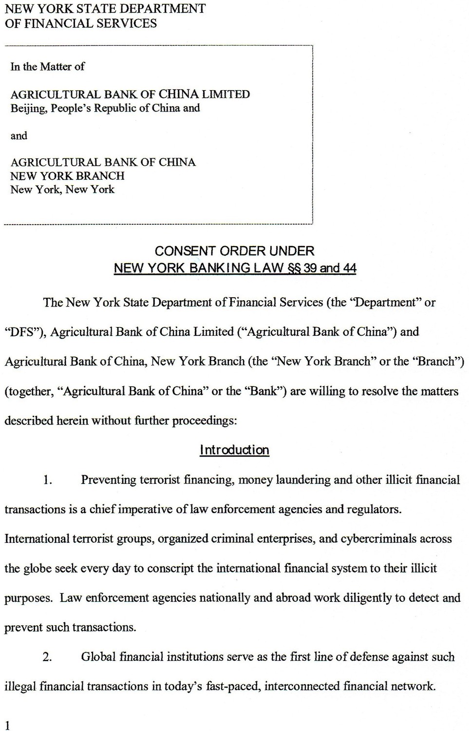 DFS與中國農業銀行所簽的Consent Order，即｢裁罰同意書｣。 圖：作者提供