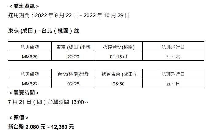 樂桃航空東京-台北航班資訊。 圖：樂桃航空／提供