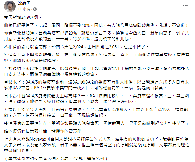 沈政男昨日在臉書發文表示，BA.4、BA.5疫情至少還會有200萬人確診。 圖：翻攝自沈政男臉書