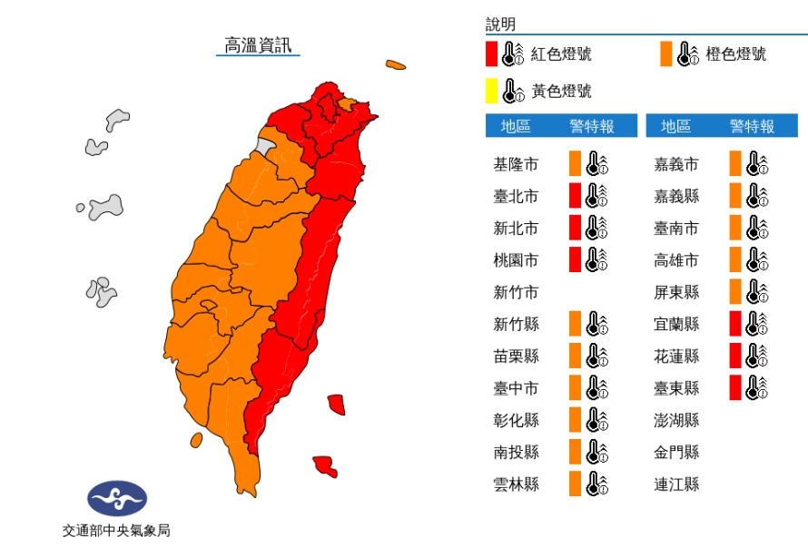 中央氣象針對18縣市發佈高溫資訊。