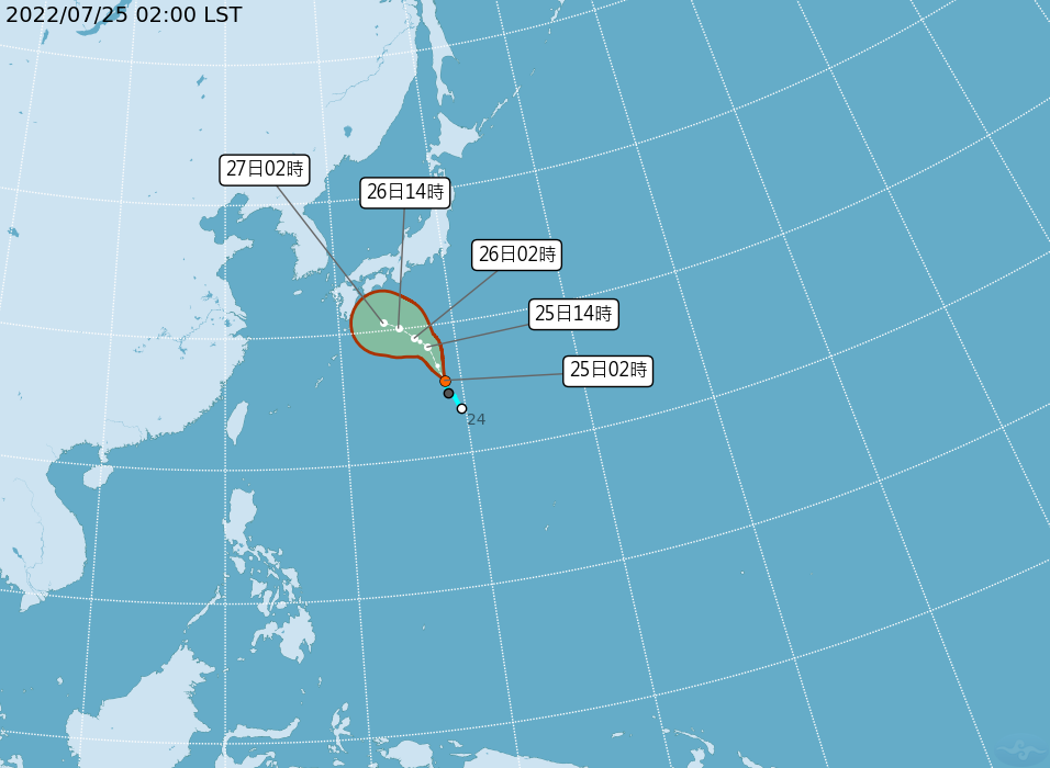 今天凌晨2時，熱帶性低氣壓的中心位置在日本南方海面，正以每小時24公里的速度向北北西移動。 圖：中央氣象局/提供