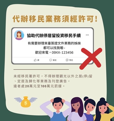 移民署表示，代辦居留、定居、永久居留及國籍歸化業務都是移民業務的範圍，同時，必須以「公司」型態經移民署許可發證，才能經營移民業務。 圖：移民署提供