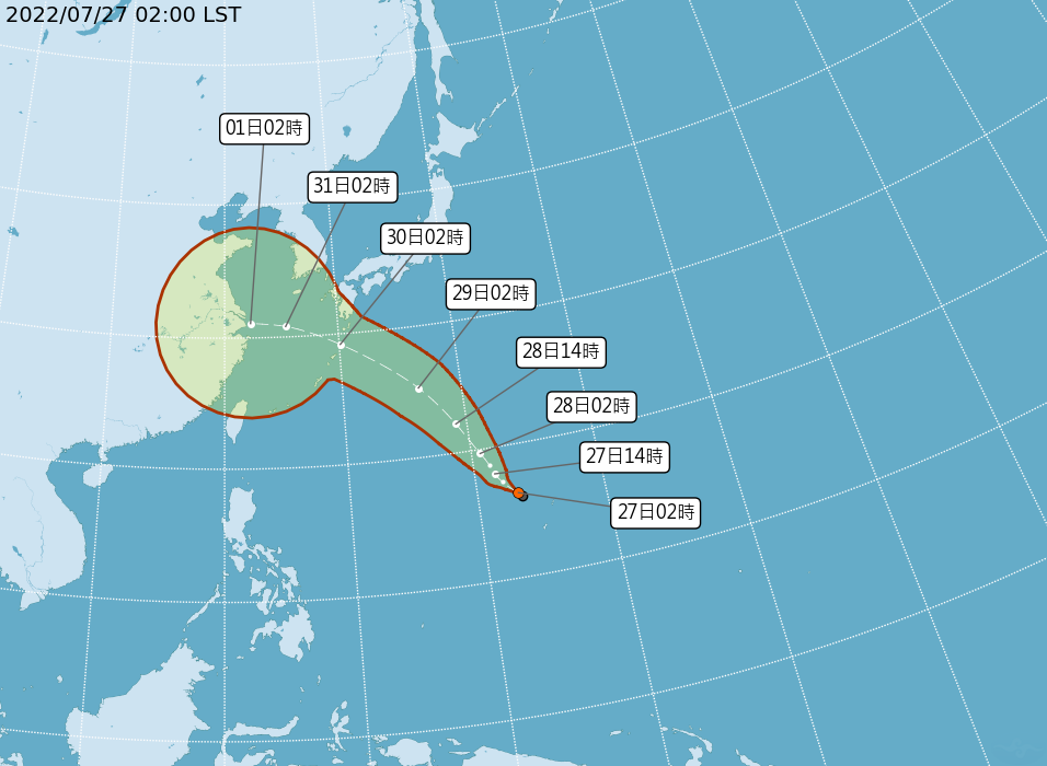 熱帶低壓TD07預估最快今日增強為5號颱風「桑達」。 圖：中央氣象局／提供
