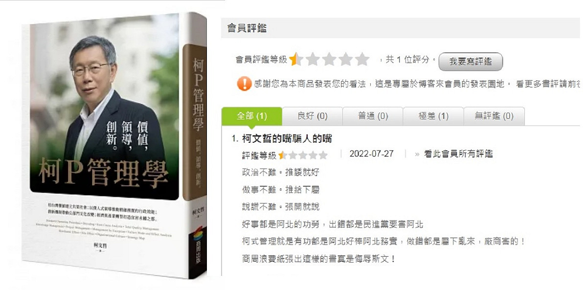 《柯P管理學》（左圖）原訂27日上架，卻因不明原因至今未上市，但知名網路書店已經有人給了負評（右圖）。 圖：翻攝自博客來網頁/新頭殼合成