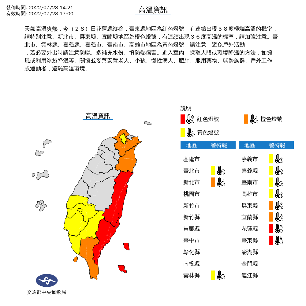 氣象局針對11縣市發布高溫特報。 圖：取自中央氣象局