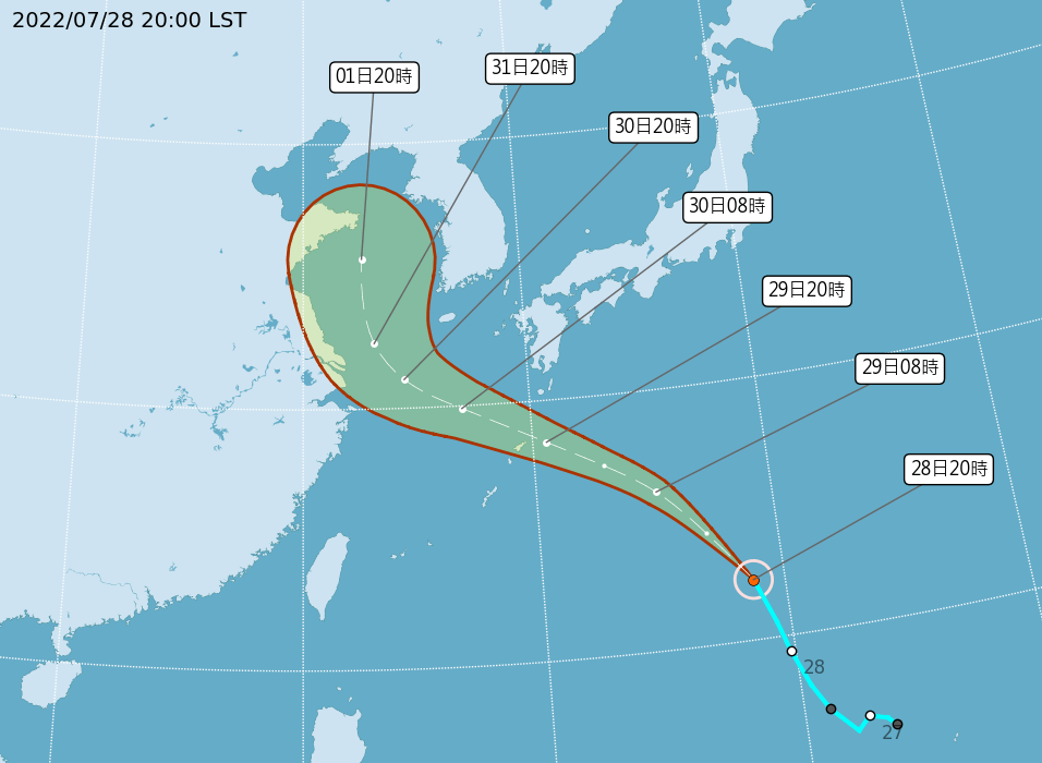 氣象局今（28）天晚間表示，原位於硫磺島南南西方海面的熱帶性低氣壓今晚8點發展為輕度颱風 圖：氣象局提供