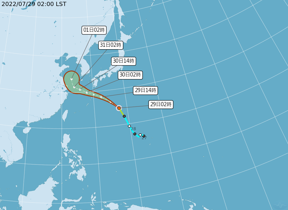 中央氣象局路徑預測圖顯示，桑達今天2時的中心位置，在台北東方1610公里海面上，以每小時36公里速度，向西北西前進，侵台機率大減。 圖：中央氣象局/提供