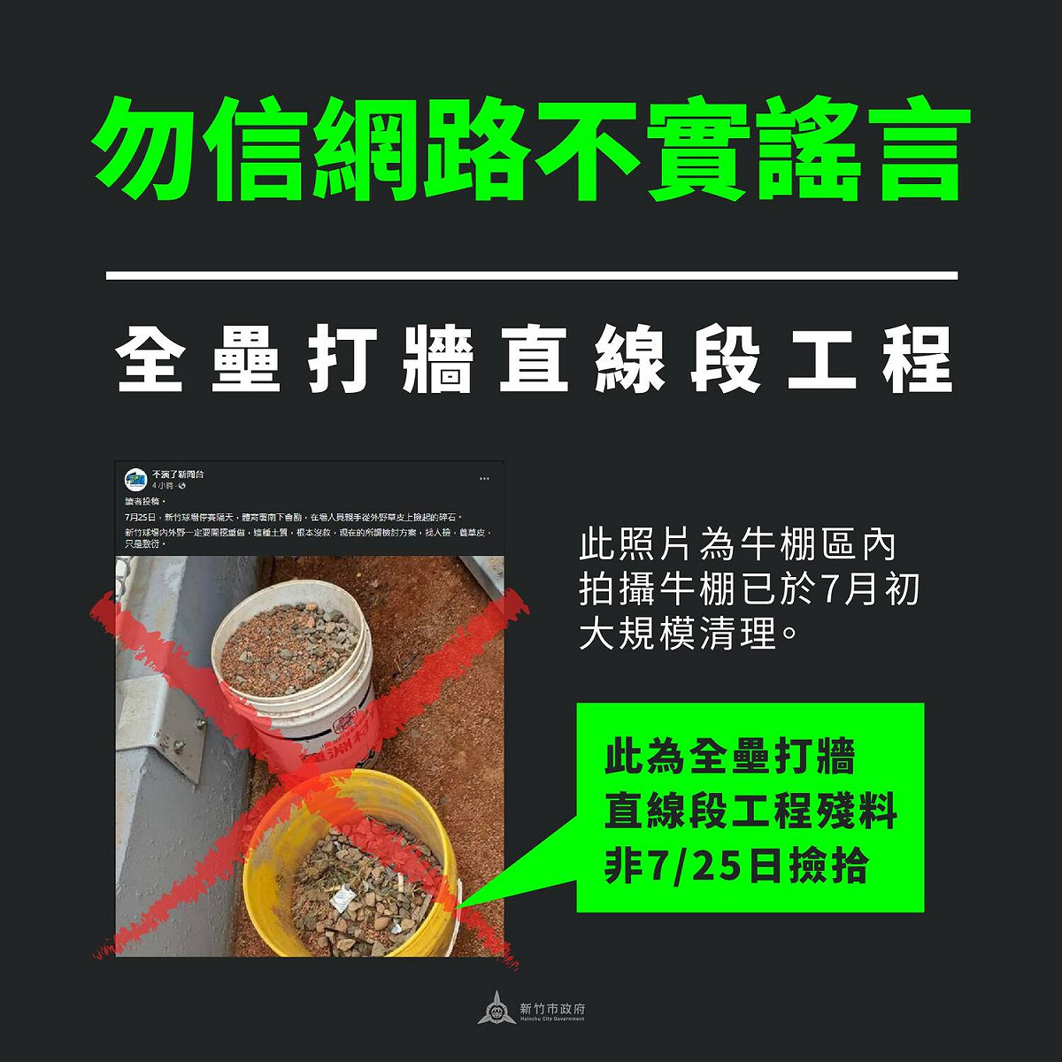 朱凱翔在粉專宣稱，25日體育署會勘當天，光是新竹棒球場外野草皮撿到的石頭，就堆滿2個桶子，說法遭新竹市政府駁斥。 圖:新竹市政府提供