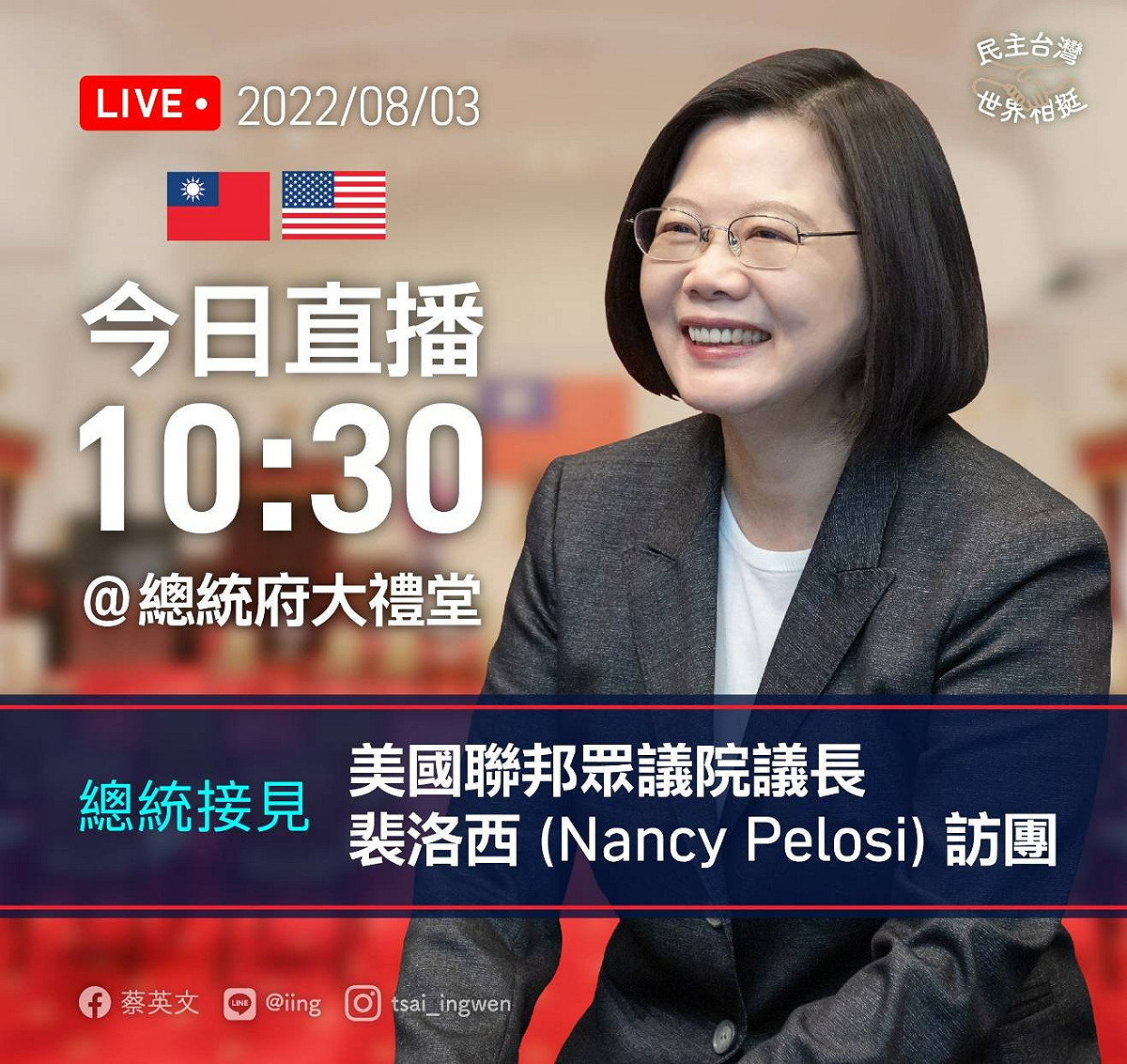 蔡英文總統今（3）日上午10：30將在總統府內，接見美國聯邦眾議院議長裴洛西（Nancy Pelosi）訪問團。 圖：擷自蔡英文臉書粉專
