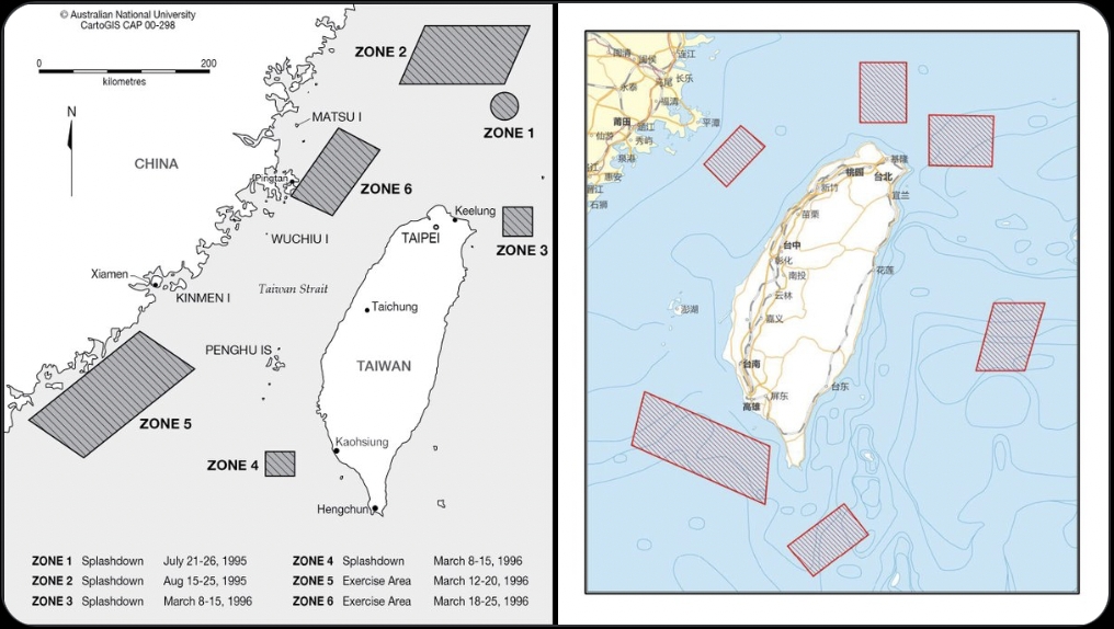 裴洛西訪台，解放軍宣布鎖台6大區域軍演（右）與1996解放軍台海危機軍演比對圖。
