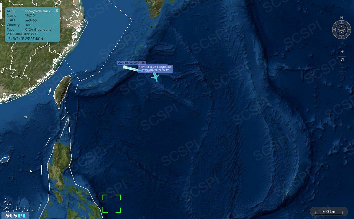 北京大學「南海戰略態勢感知計劃平台」(SCSPI)以艦載C-2A「灰狗」(Greyhound)運輸機飛行路徑研判「雷根號(CVN-76)」航空母艦最新位置。 圖：翻攝SCS Probing Initiative推特