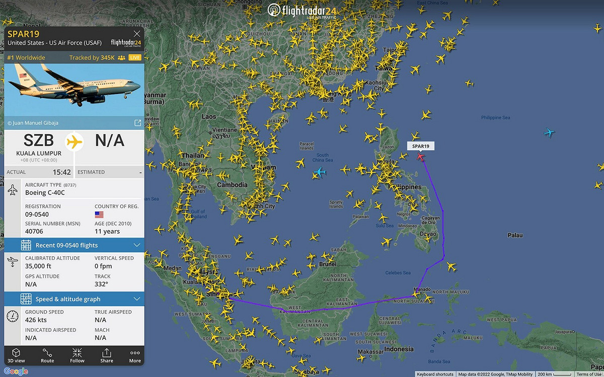 美國眾議院議長裴洛西的來台路線。 圖：取自Flightradar24.com