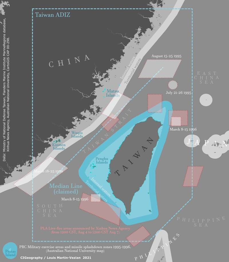 共軍將於4日12時至7日12時，在台灣周邊六點海域和空域進行軍事演訓行動。 圖:翻攝自推特