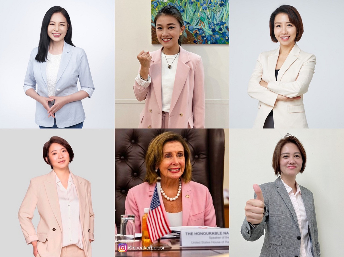 為展現對裴洛西的敬意和歡迎，台北市議員參選人顏若芳今(3)日號召同為台北市議員參選人林延鳳、新北市議員參選人黃淑君、桃園市議員參選人李柏瑟、新竹市議員李妍慧，一同穿上套裝穿搭熱烈歡迎裴洛西來台。 圖：黃淑君提供