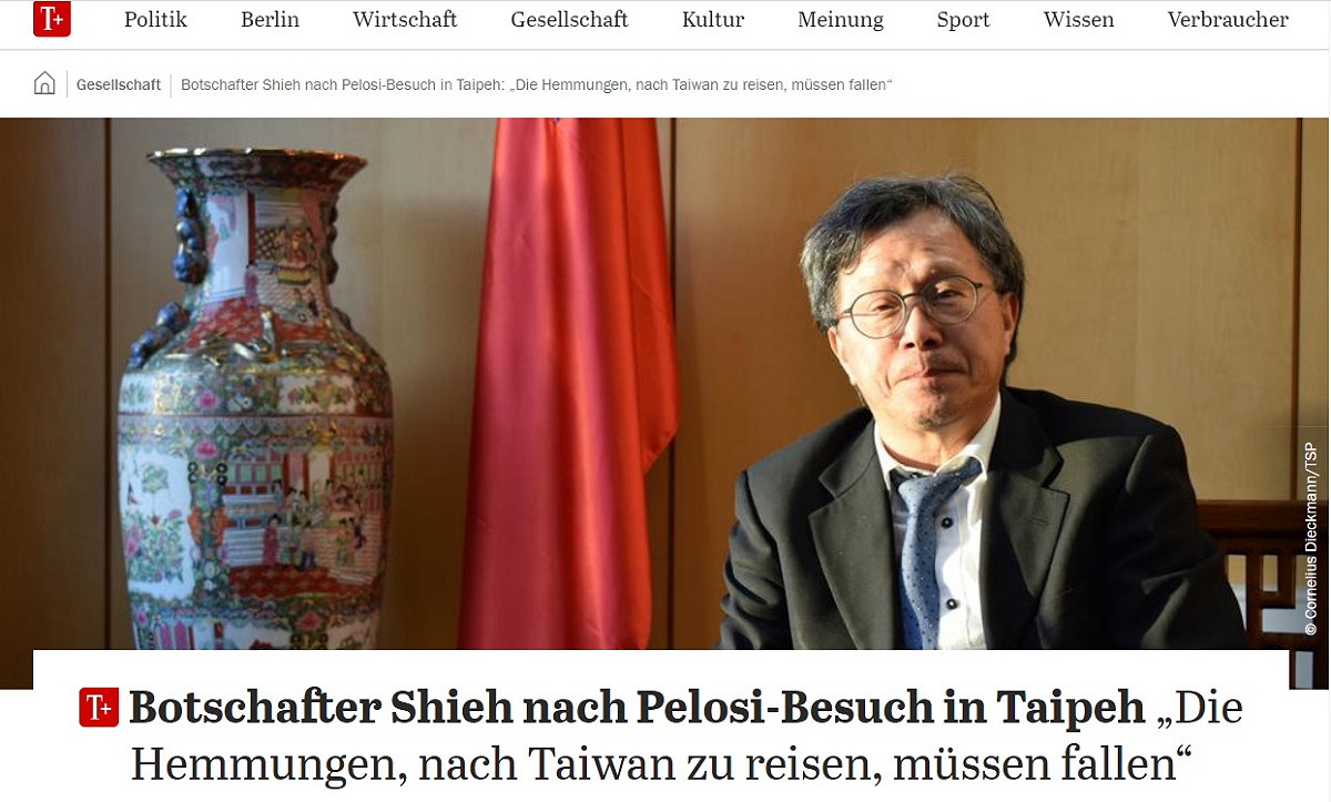 謝志偉受訪時直指，「必須取消對台灣旅行的限制」，表示裴洛西在台北會見蔡總統，被讚是做了一件勇敢的事，但這應該是在民主社會裡正常不過的事。 圖：翻攝自德國《每日鏡報》