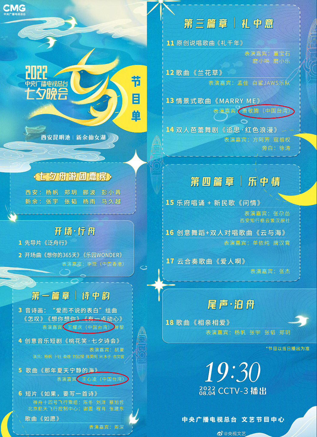 央視也在稍早公布今日七夕晚會的嘉賓名單。