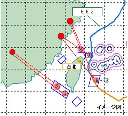 共軍2022年8月4日向台灣東北部及西南部周邊海域，發射多枚東風系列彈道飛彈。日本防衛省指出，中國有5枚彈道導彈落在日本專屬經濟區（EEZ）。 圖：翻攝日本防衛省網站