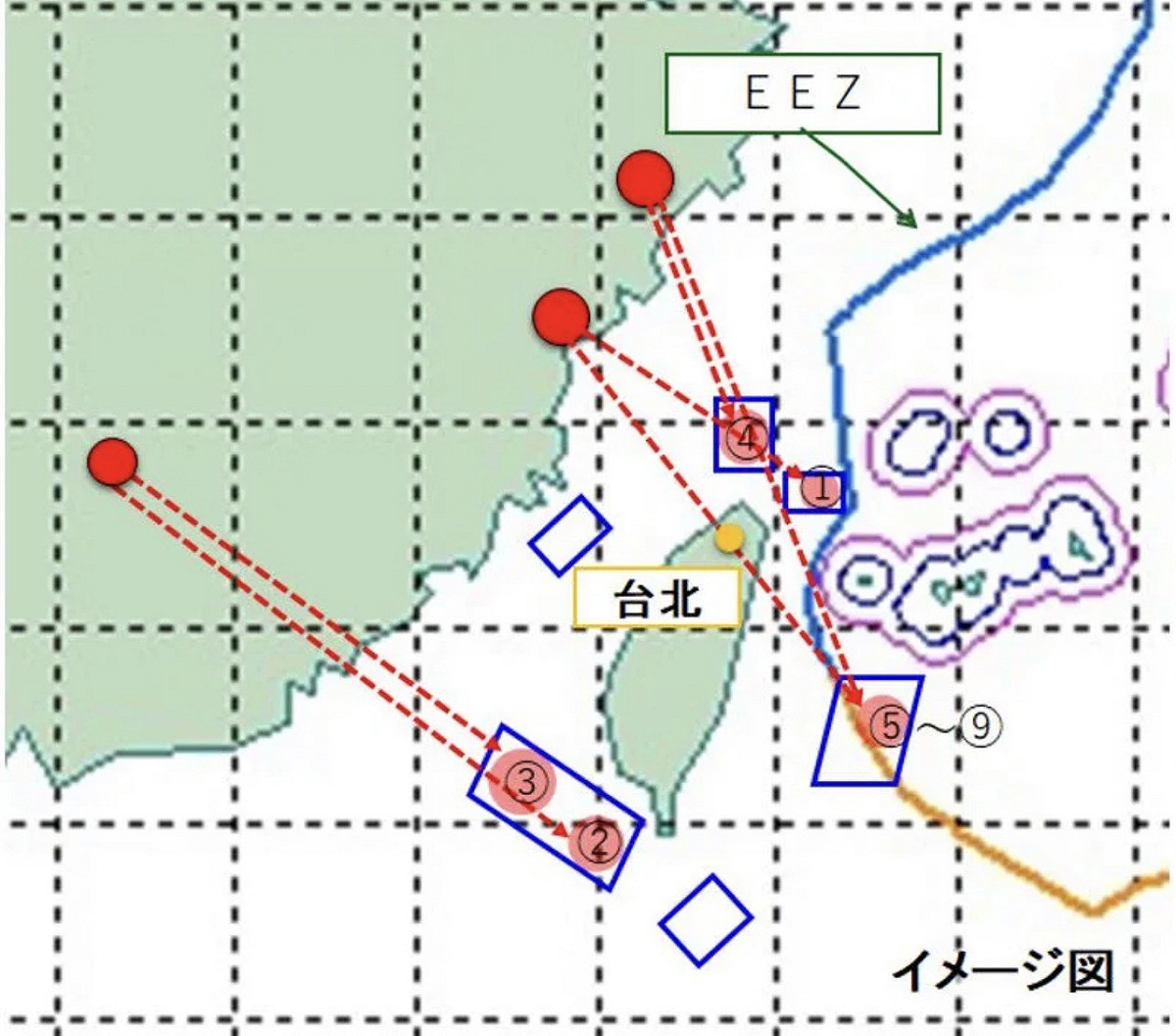日本防衛省4日公布的解放軍飛彈擾台路徑，其中數枚直接穿越台灣領空，經過大台北地區。