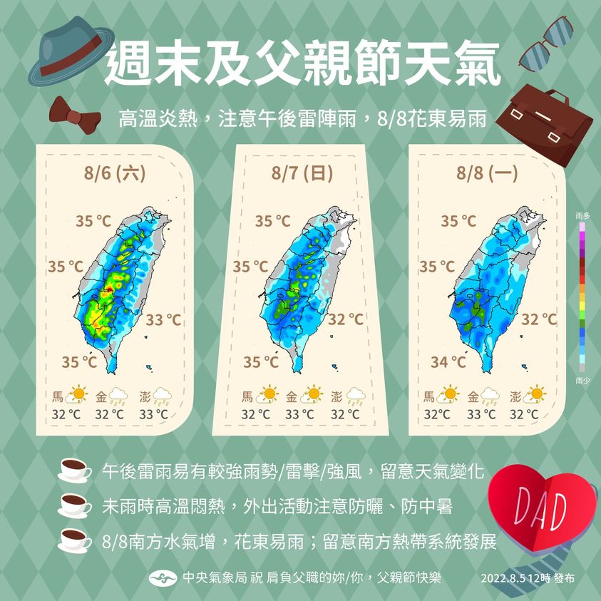 週末及父親節天氣一圖看。 圖：取自中央氣象局臉書