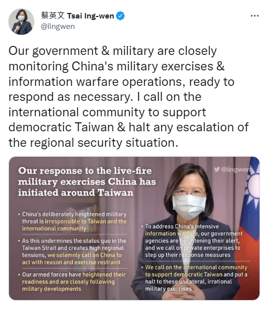 蔡英文總統今（5）日下午透過Twitter（推特），發表有關昨晚談話影片的英文版推文。 圖：擷自蔡英文推特