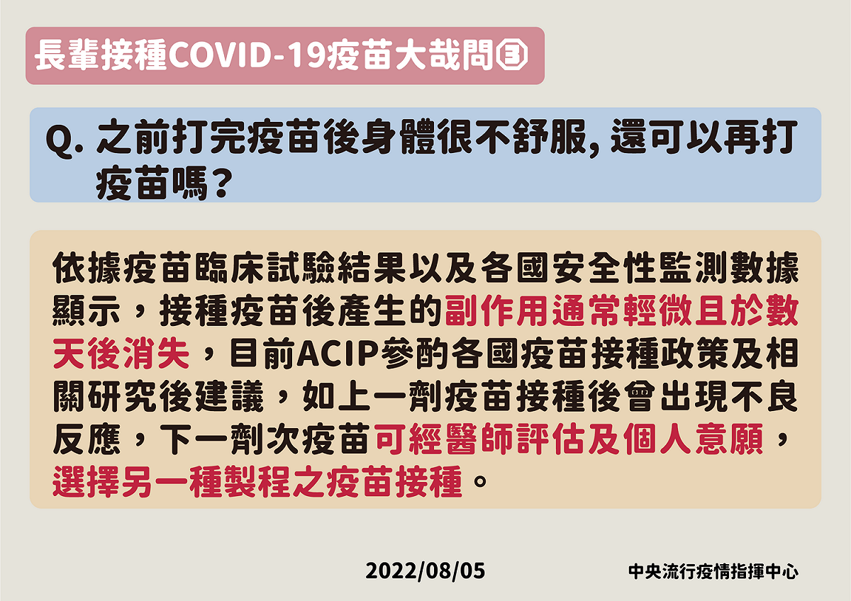 疫苗相關QA：打完疫苗不舒服，仍可續打 圖：中央流行疫情指揮中心/提供