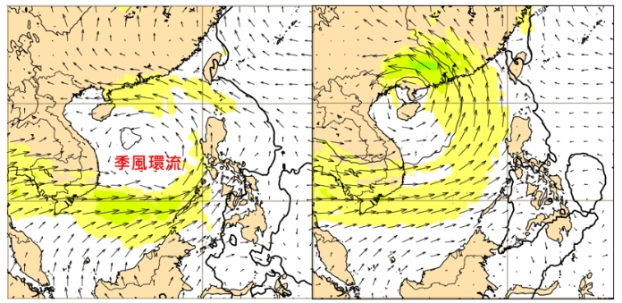 5日20時歐洲模式(ECMWF)850百帕風場模擬圖顯示，下週日20時「季風環流」(monsoon gyre)在南海逐漸成形(左圖)；下週三20時「熱帶擾動」已在雷州半島附近(右圖)。 圖/「三立準氣象．老大洩天機」專欄