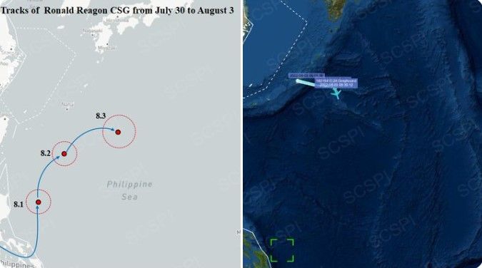 雷根號3日曾短暫向東航行，竟被共軍解讀為「遭逼退幾百公里」。 圖：翻攝南海戰略態勢感知計畫推特