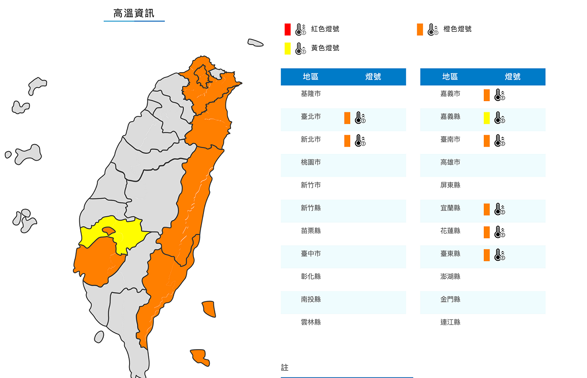 今(8)日各地白天天氣持續晴朗炎熱，需慎防熱傷害。 圖：翻攝自中央氣象局官網