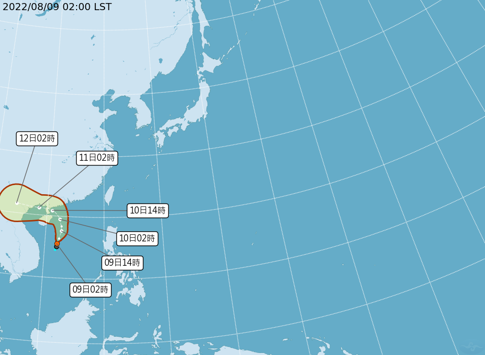 熱帶性低氣壓「TD09」今天凌晨2時中心位置在中西沙島海面，以每小時19公里的速度，向北北東進行，有發展為輕度颱風的趨勢。 圖：中央氣象局/提供