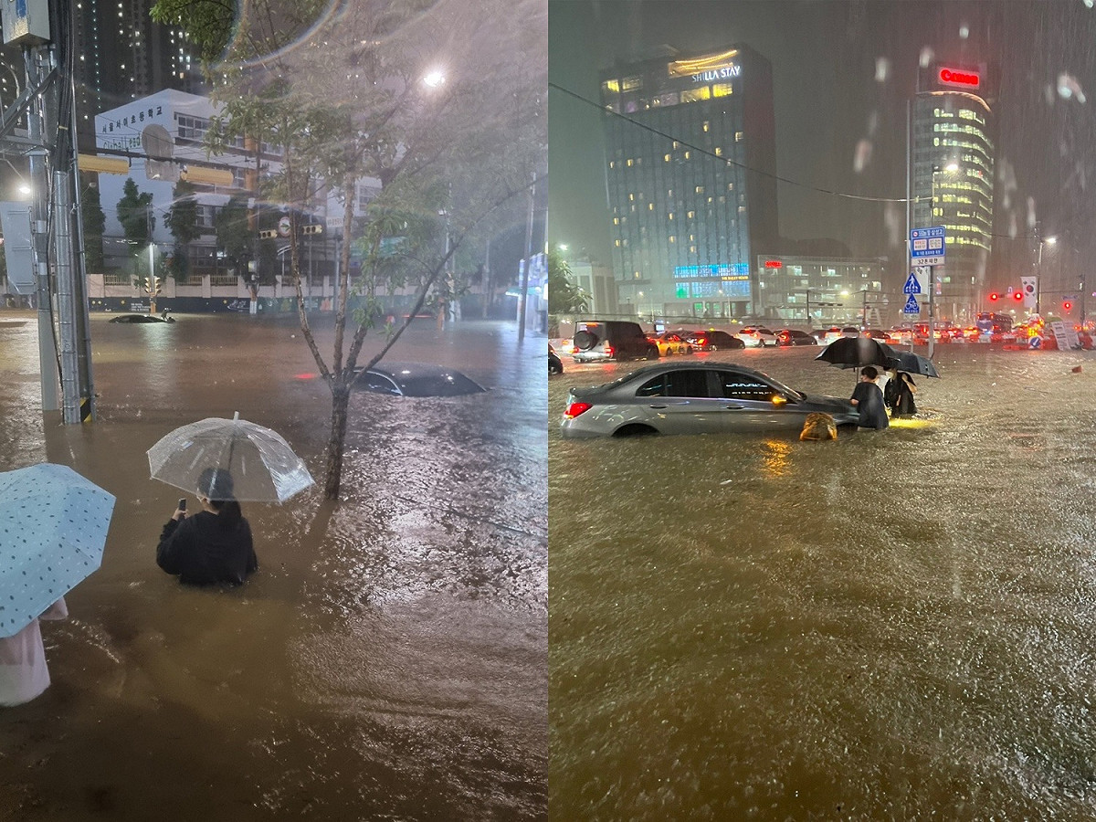 南韓首爾8日晚間降下暴雨，行人與車都泡在水裡。 圖：擷取自韓國先鋒報推特（新頭殼合成）