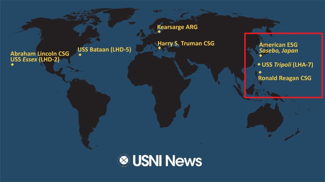 《美國海軍學會新聞網》(USNI News)製作主要艦隊分布：在西太平洋區域，有雷根號航空母艦、的黎波里號兩棲突擊艦及美利堅號兩棲突擊艦。 圖：翻攝USNI News網頁