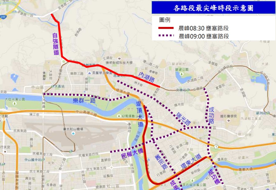 「內湖交通」的熱門關鍵字，壅塞、塞車、捷運、交流道都有上榜，而身為交通核心的內科園區，鄰近的南港、汐止也是討論的話題。 image source：台北市政府交通局
