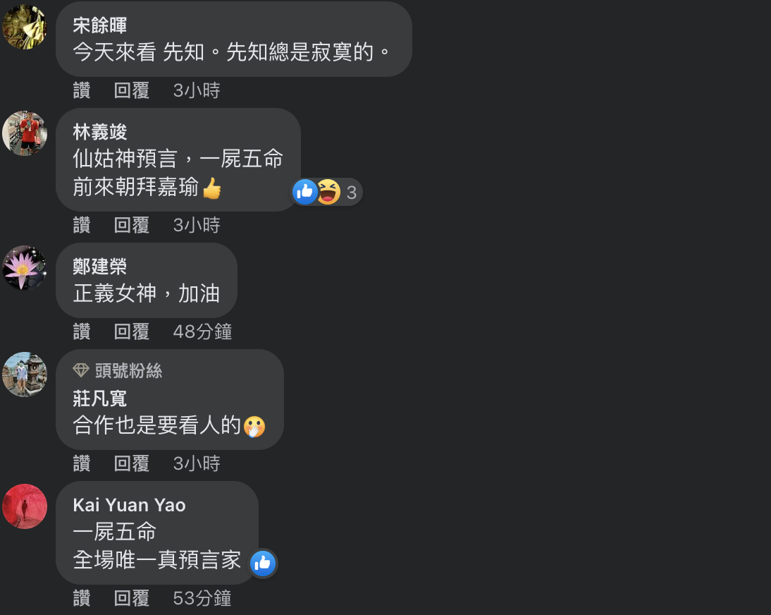 網友紛紛留言力挺民進黨立委高嘉瑜，並稱她為「先知」。 圖：擷取自高嘉瑜臉書
