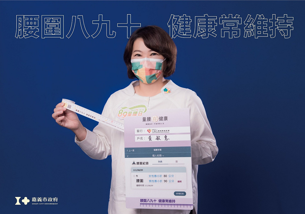 嘉義市政府衛生局推出89量腰日優惠活動。圖為市長黃敏惠響應量腰圍。 圖：嘉義市政府/提供