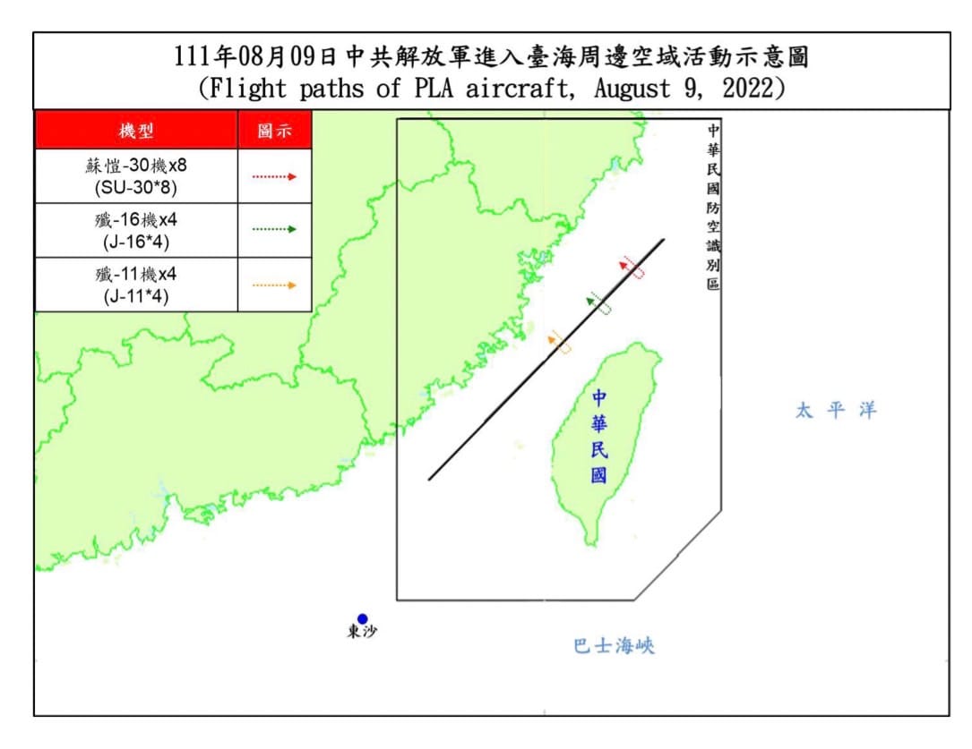 國防部發布9日台海周邊海空域空情動態，截至1700，共有16架次解放軍機擾台，其中「殲-16」活動區域相當接近北台灣政經中心。 圖：國防部提供