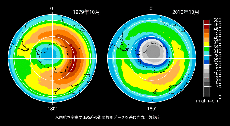 日本氣象廳比較1979年10月到2016年10月的南極臭氧層破洞面積，警告世人仍不可掉以輕心。 圖：翻攝日本氣象廳官網