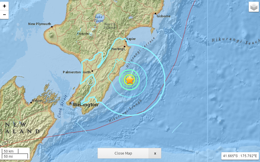 紐西蘭北島22日凌晨傳出強震，規模6.3，震央在東部外海。 圖：翻攝美國地質調查局官網