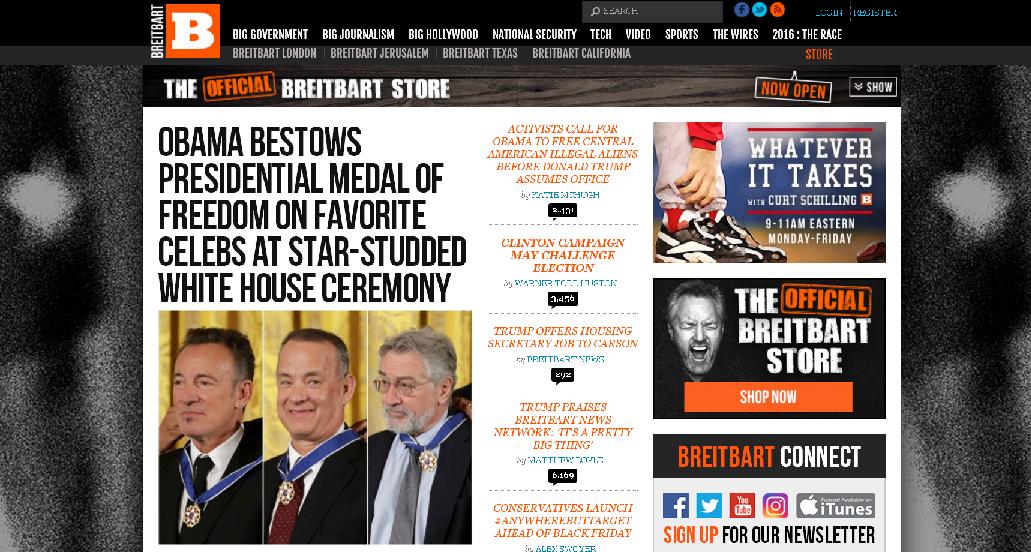 數位廣告商AppNexus23日宣布，封鎖美國右派媒體「布萊巴特新聞網（Breitbart News）」，因為該新聞網上的仇恨內容違反行為守則。圖為布萊巴特新聞網頁面截圖。 圖：截自布萊巴特新聞網頁面
