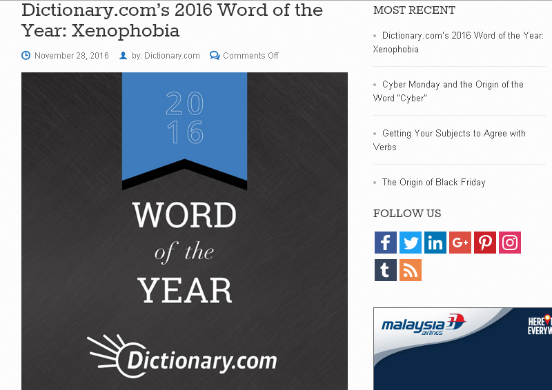 線上字典公司Dictionary.com選出了「仇外」(xenophobia)，作為2016年代表字。 圖：翻攝Dictionary.com