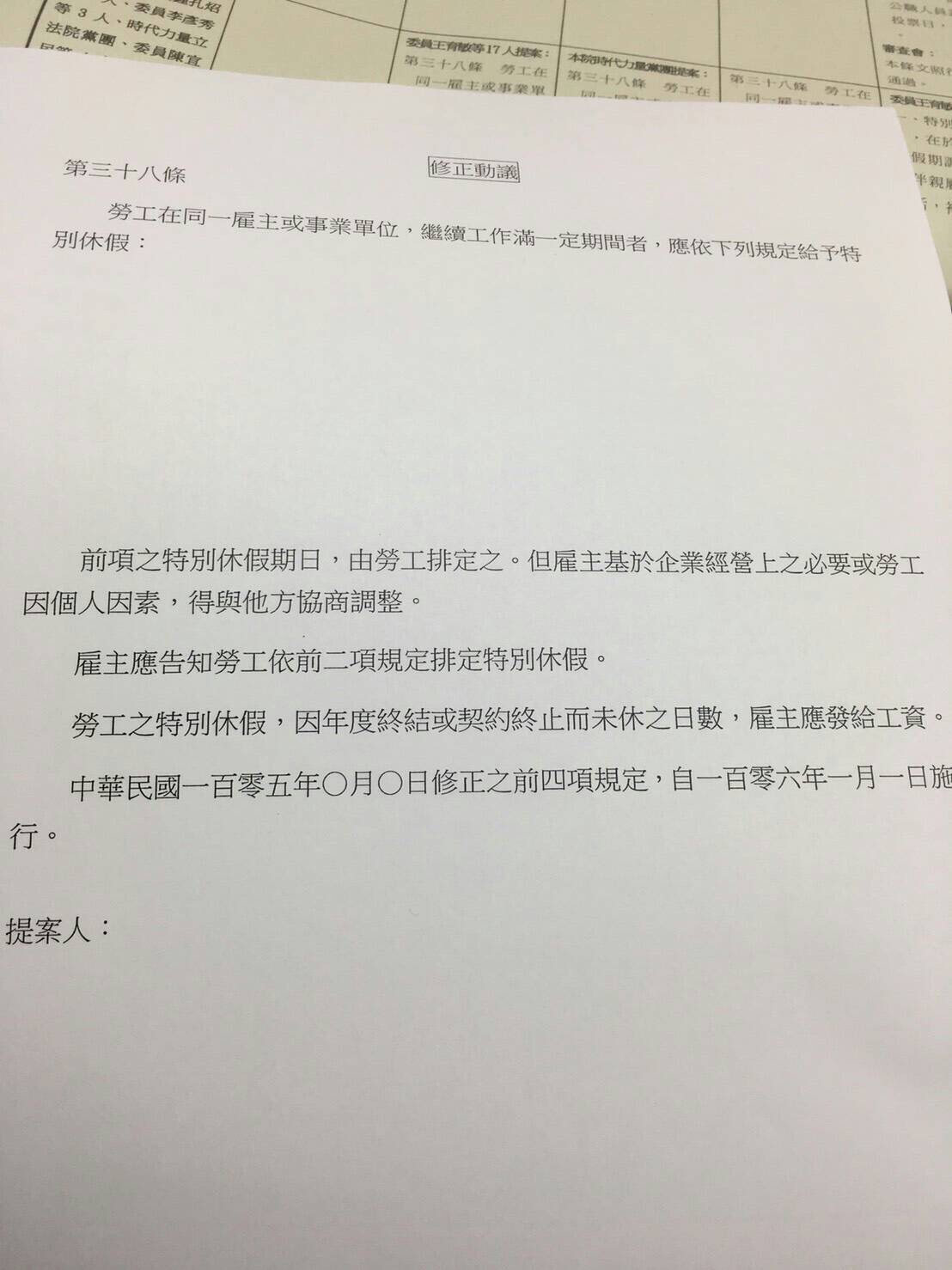 針對一例一休及國定7天假爭議，立法院30日召開朝野協商會議，不過，民進黨對於勞工特休假修法，居然在特休天數「留空白」。 圖：蔣萬安辦公室提供