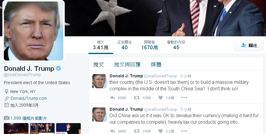 美國總統當選人川普在台灣時間5日上午，連續在推特發出2篇短文，砲轟中國操控匯率，在南海進行軍事擴張。 圖：翻攝川普推等