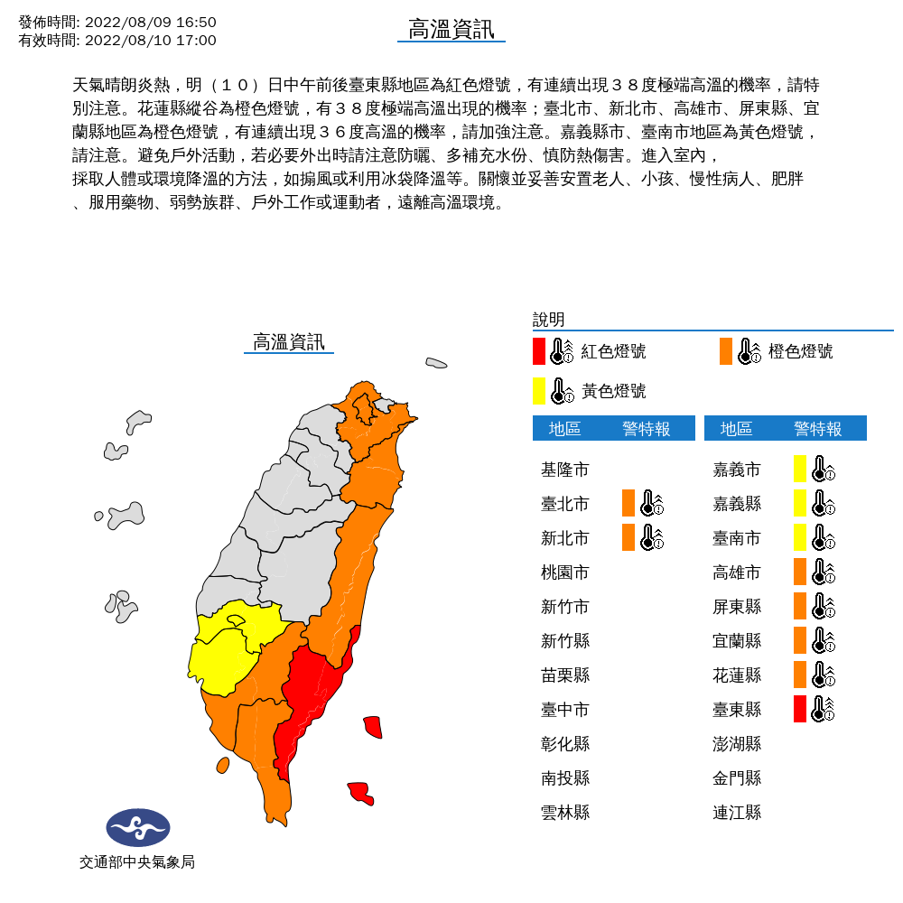 雙北、宜花東與嘉義以南10縣市要小心高溫特報，尤其中午前後，台東縣與花蓮縣縱谷可能出現攝氏38度極端高溫。 圖：中央氣象局/提供