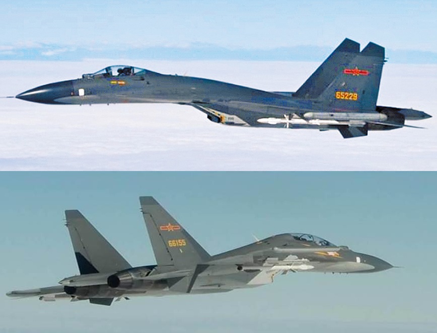 國防部發布10日台海周邊海空域解放軍機艦活動動態，解放軍機計有「蘇愷-30」9架次(下)、「殲-11」8架次(上)越過海峽中線擾台。