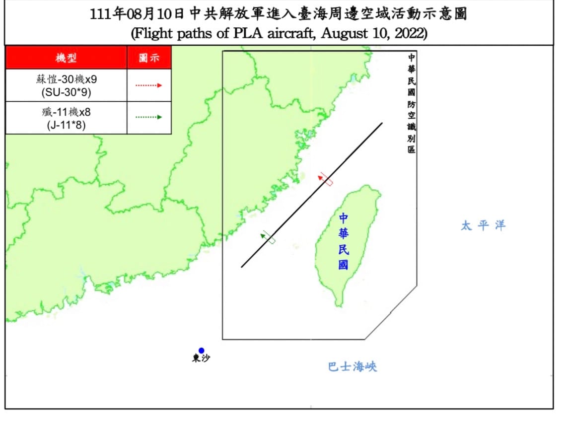 國防部發布10日台海周邊海空域解放軍機艦活動動態，解放軍機計有「蘇愷-30」9架次、「殲-11」8架次越過海峽中線擾台。 圖：國防部提供