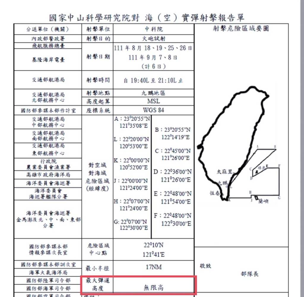 中科院發布實彈射擊公告。 圖:漁業署公告