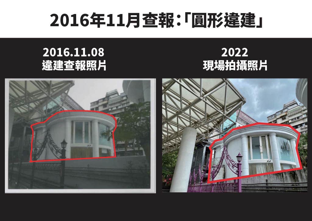 前國策顧問、民進黨北市黨部前主委黃承國經營的「星靓點花園飯店」婚宴餐廳，多處違建遭檢舉，至今6年仍未拆。 圖：擷取自劉仕傑臉書
