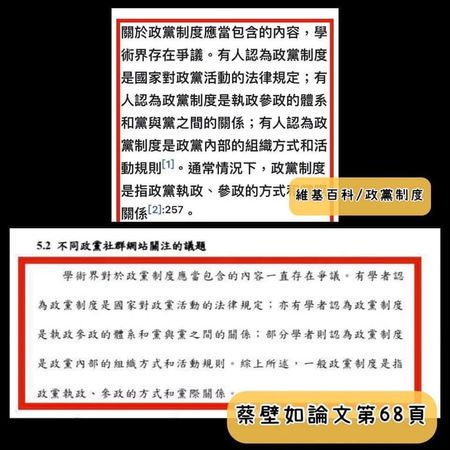 蔡壁如碩士論文被發現多段不當引用。 圖：翻攝自王浩宇臉書