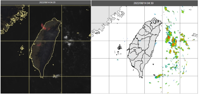 14日4：20真實色雲圖顯示，各地晴朗、雲層稀疏(左圖)；4：30雷達回波合成圖顯示，東部海面有零星回波(右圖) 圖/取自「三立準氣象．老大洩天機」專欄