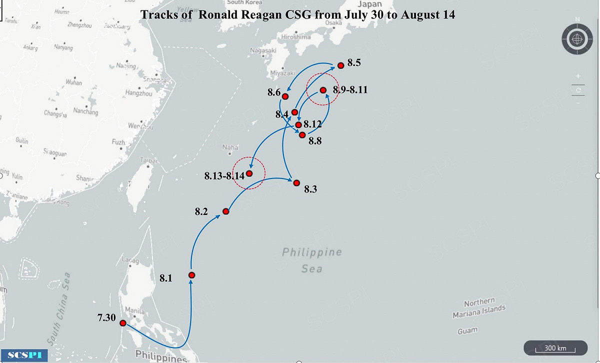 美國「雷根」號航母的最新軌跡圖，目前位於台灣東部、沖繩東南方海域。 圖：翻攝自推特@SCS_PI
